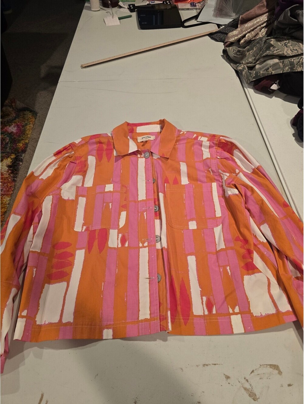 Porridge Women's XL Button-Up Shirt Jacket Orange Pink Abstract Pattern
